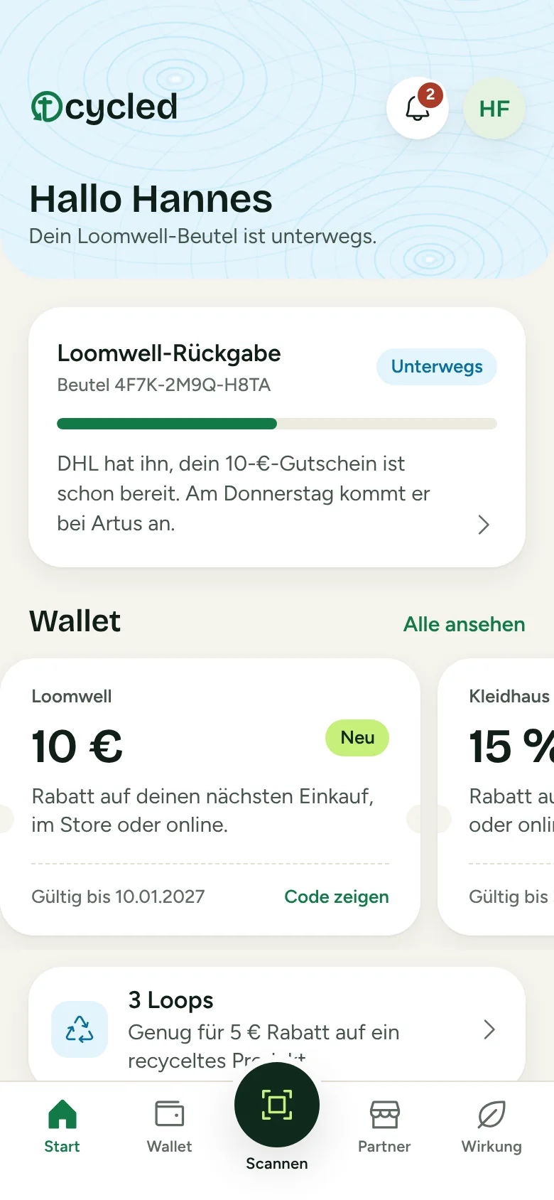 tcycled-Startansicht mit einem Beutel unterwegs und einem fertigen Gutschein