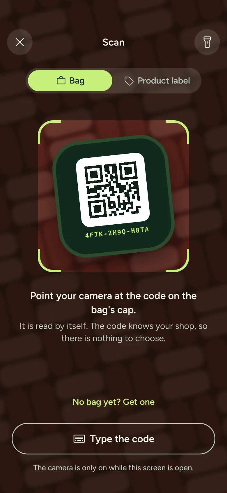 Scan-Screen mit Blick auf den Code am Verschluss